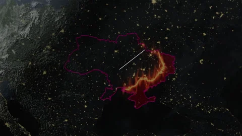 Location and map of Ukranie at war in 2026 on the earth at night. Stock Footage 328239332