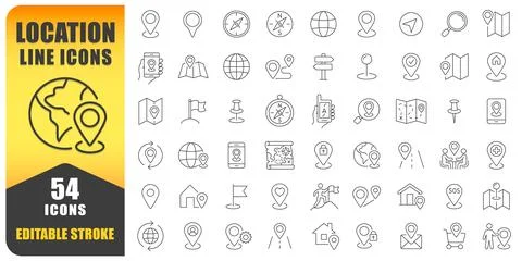 Location And Navigation Line Icon Set. A Collection Of 54 Thin Line Stock Illustration