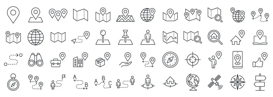 Location and Navigation line icon set. Map pin, local route, compass, journey Stock Illustration