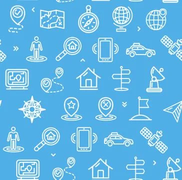 Location and Navigation Pattern Background on a Blue. Vector Stock Illustration