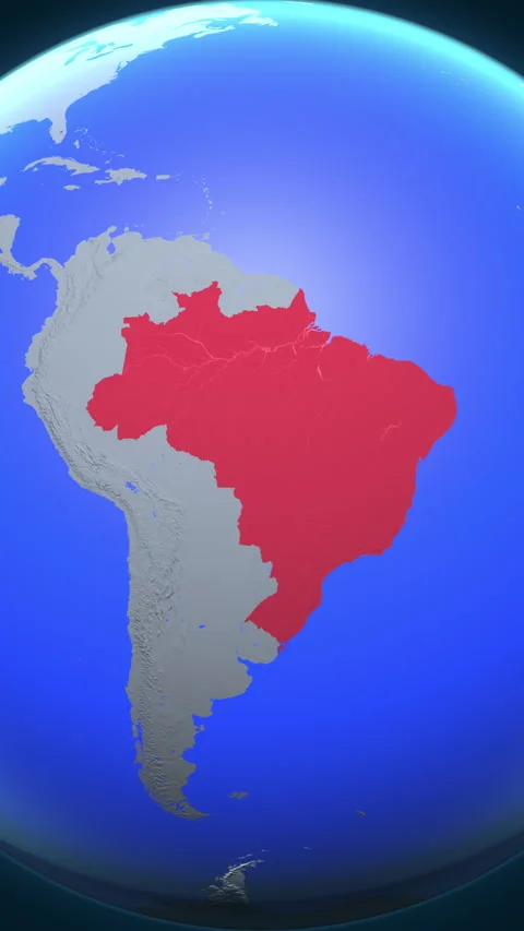 Location and red map of Brazil on the earth in vertical format Stockbeeldmateriaal 331014709