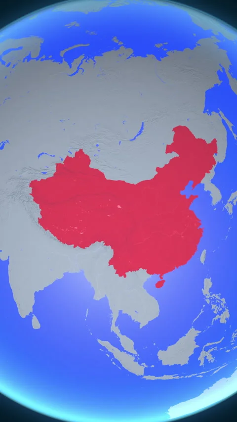 Location and red map of China on the earth in vertical format Stockbeeldmateriaal 331023955