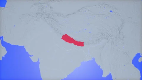 Location and red map of Nepal on the earth Stockbeeldmateriaal 330333447