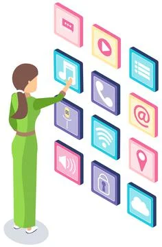 Location of application icons in smartphone interface template. Woman works on イラスト素材