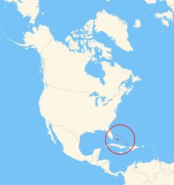 Location of The Bahamas on a map of the corresponding continental area. Stock Illustration