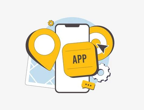 Location-based marketing concept with a map, pin, search bar and navigation Stock Illustration