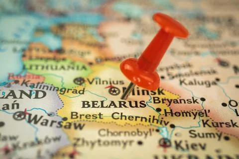 Location Belarus, push pin on map close-up, marker of destination for travel, Stock Photos