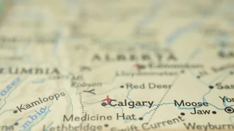 Location Calgary city in Alberta, Canada, map with red push pin pointing close Stock Footage 160540180