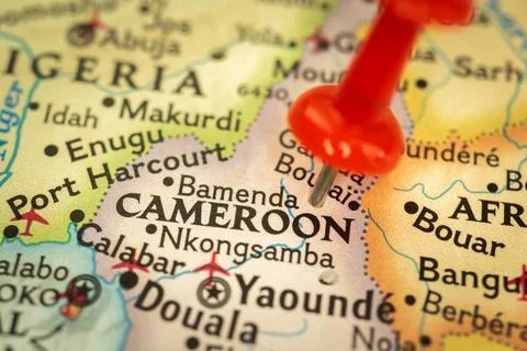 Location Cameroon, map with push pin close-up, travel and journey concept wit Stock Photos