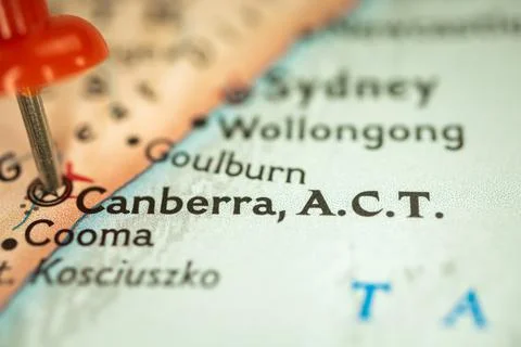 Location Canberra in Australia, map with push pin close-up, travel and journe Stock Photos