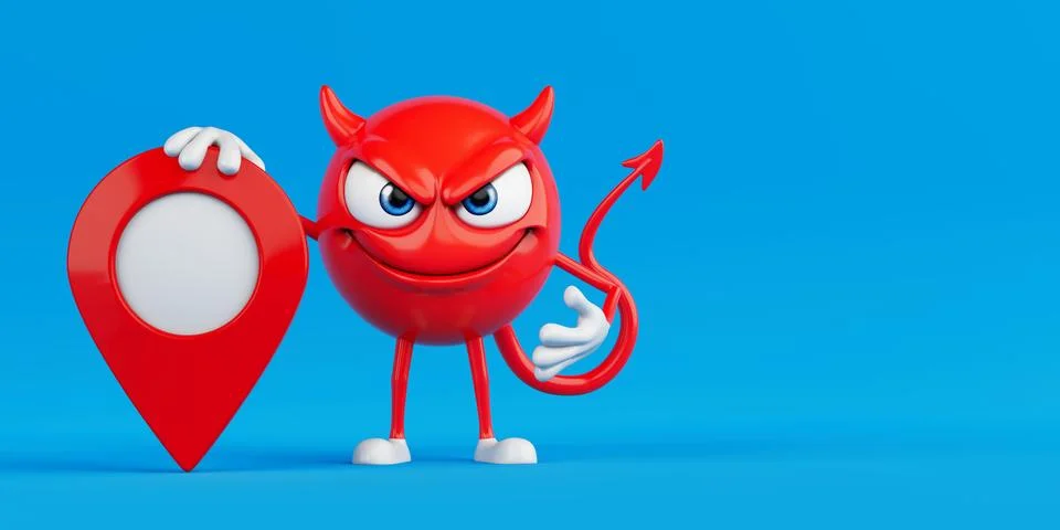 Location Control And Targeting Concept. Red Evil Cartoon Character Standing.. Stock Illustration