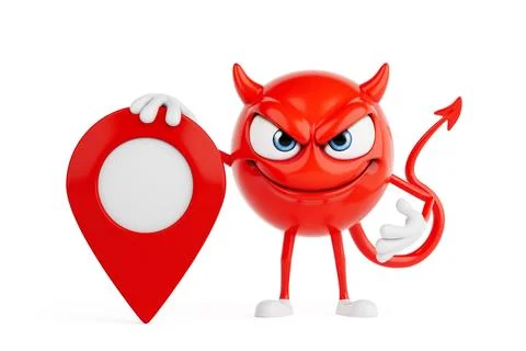 Location Control And Targeting Concept. Red Evil Cartoon Character Standing.. Stock Illustration