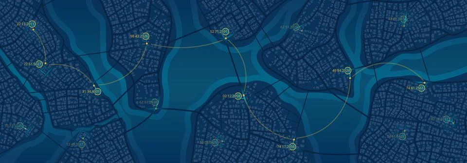 Location data on an abstract map. Designated markers. Graphic visualization Stock Illustration