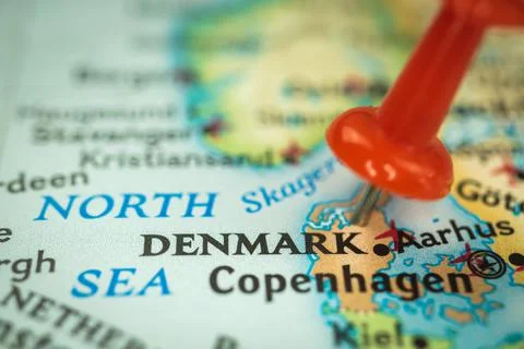 Location Denmark, push pin on map close-up, marker of destination for travel, Stock Photos