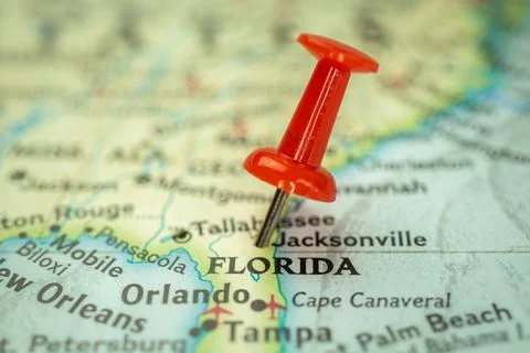 Location Florida state, map with red push pin pointing close-up, USA, United  Stock Photos