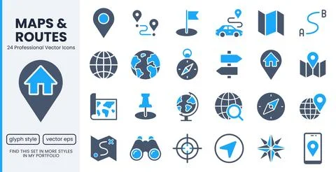 Location glyph icon set. Compass, travel, globe, map, geography, earth, distance Иллюстрация