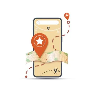 Location with GPS map. Smartphone with pin marker on paper map of city with Stock Illustration