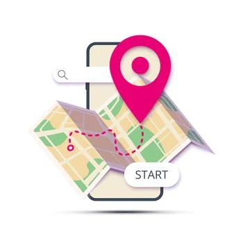 Location with GPS map. Smartphone with pin marker on paper map of city with Stock Illustration