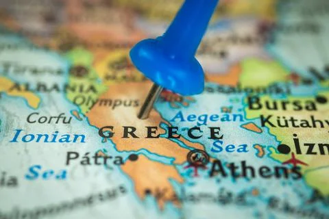 Location Greece, push pin on map close-up, marker of destination for travel,  Stock Photos