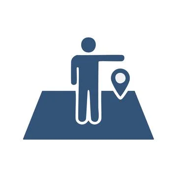 Location guide icon. A person standing on a map, pointing to a location pin. Stock-Illustration