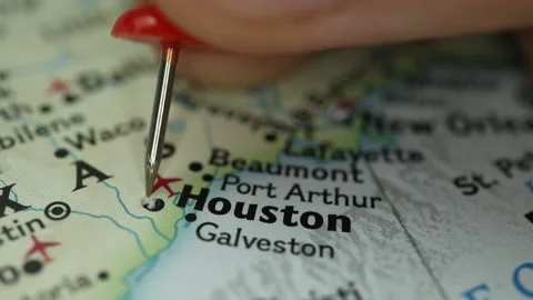 Location Houston city in Texas, map with red push pin pointing close-up, USA Stock Footage 160498660