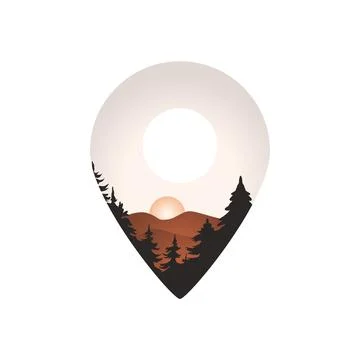 Location icon inside sun, mountain and trees, hiking concept,. Stock Illustration