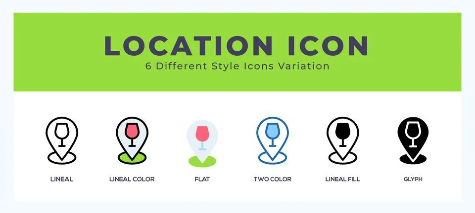 Location icon set with different styles. Design elements for logo. Vector i.. Illustrazione stock