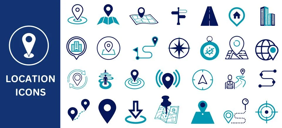 Location icon set. Map, place, GPS, destination, directions, distance, map pin. Stock-Illustration