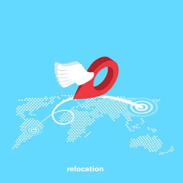 The location indicator on the map flies from one point to another, an isometr Illustrazione stock