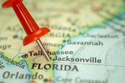 Location Jacksonville city in Florida, map with red push pin pointing close-u Stock Photos