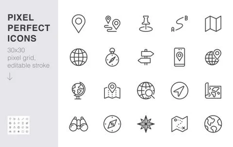 Location line icon set. Compass, travel, globe, map, geography, earth, distance Stock Illustration