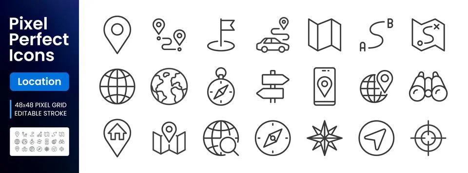 Location line icon set. Compass, travel, globe, map, geography, earth, distance Stockillustratie