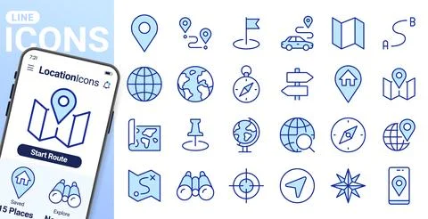 Location line icon set. Compass, travel, globe, map, geography, earth, distance Stockillustratie