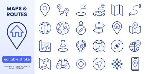Location line icon set. Compass, travel, globe, map, geography, earth, distance Stock Illustration