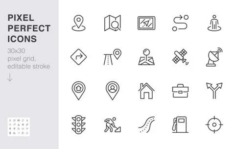 Location line icon set. Gps, proximity, road map, gas station, work destination Stock Illustration