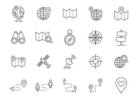 Location line icon set. Map pin, gps, route, distance marker, compass, satellite Stock Illustration