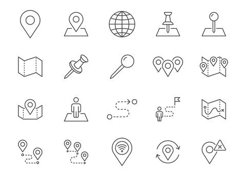 Location line icon set. Map pin, gps signal, route, distance marker, outline Stock Illustration