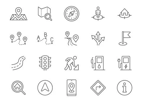 Location line icon set. Map pin, gps signal, route, distance marker, road works Stock Illustration
