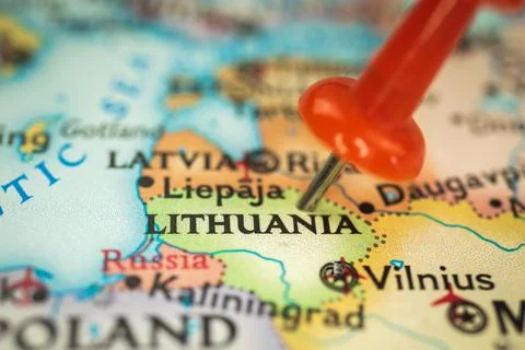 Location Lithuania, push pin on map close-up, marker of destination for trave Stock Photos