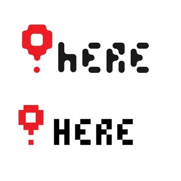 Location logo set with red map pins and black Here lettering in two hand-drawn Stock Illustration