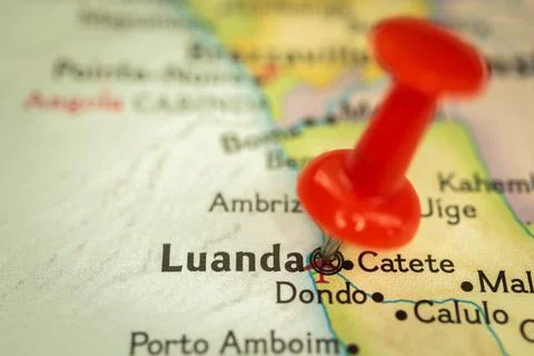 Location Luanda in Angola, map with push pin close-up, travel and journey con Stock Photos