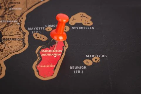 Location Madagascar, map with push pin close-up, travel and journey concept Foto stock