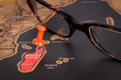 Location Madagascar, map with push pin close-up, travel and journey concept Stock Photos