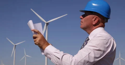 Location Manager Engineer Man Work Examine Technical Drawing Plans Wind Turbine Stock Footage 54594624