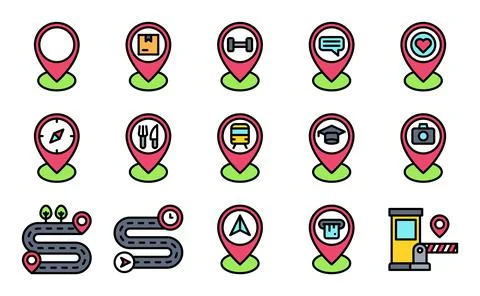 Location map and navigation filled icon set 5 Stock Illustration