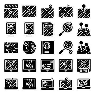 Location map and navigation solid icon set Illustrazione stock