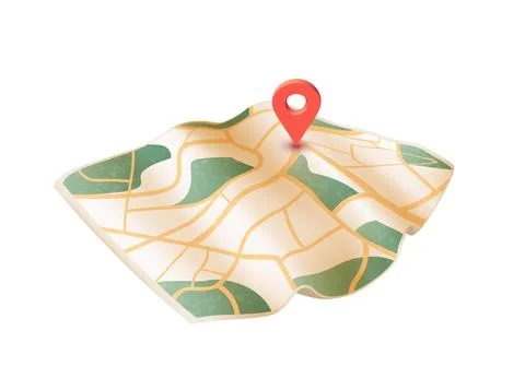 Location Map. GPS navigation on folded paper map, highlighted route to red pin Stock Illustration