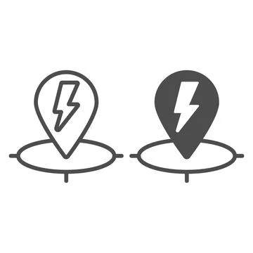 Location map pin and lightning line and solid icon, electric car concept Illustrazione stock