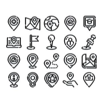 Location map pin icons tracking navigation destinations Illustrazione stock