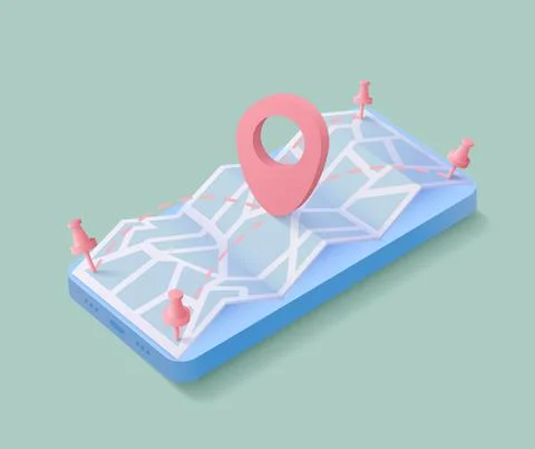 Location map in realistic style on green background. Realistic smartphone mockup Illustrazione stock